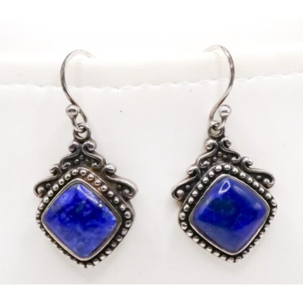 Sterling Silver Blue Lapis Lapis Lazuli Drop Dangle Scrolled 1.5" Earrings